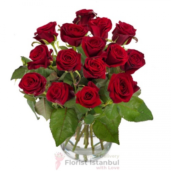 15 rote Rosen in Vase Resim 1